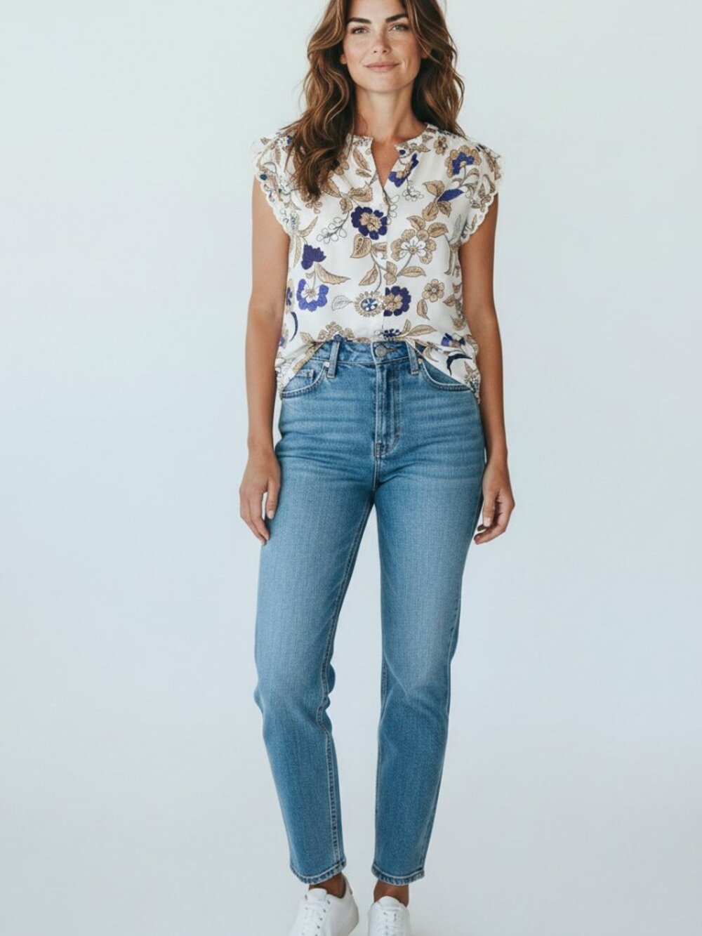 Ann Taylor Floral Cap-Sleeve Camisole in White, Blue and Tan